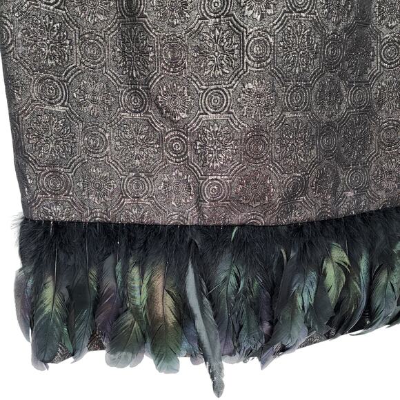 Badgley Mischka Feather Hem Cocktail Dress 10 Metallic Brocade Sleeveless Black - Picture 6 of 11